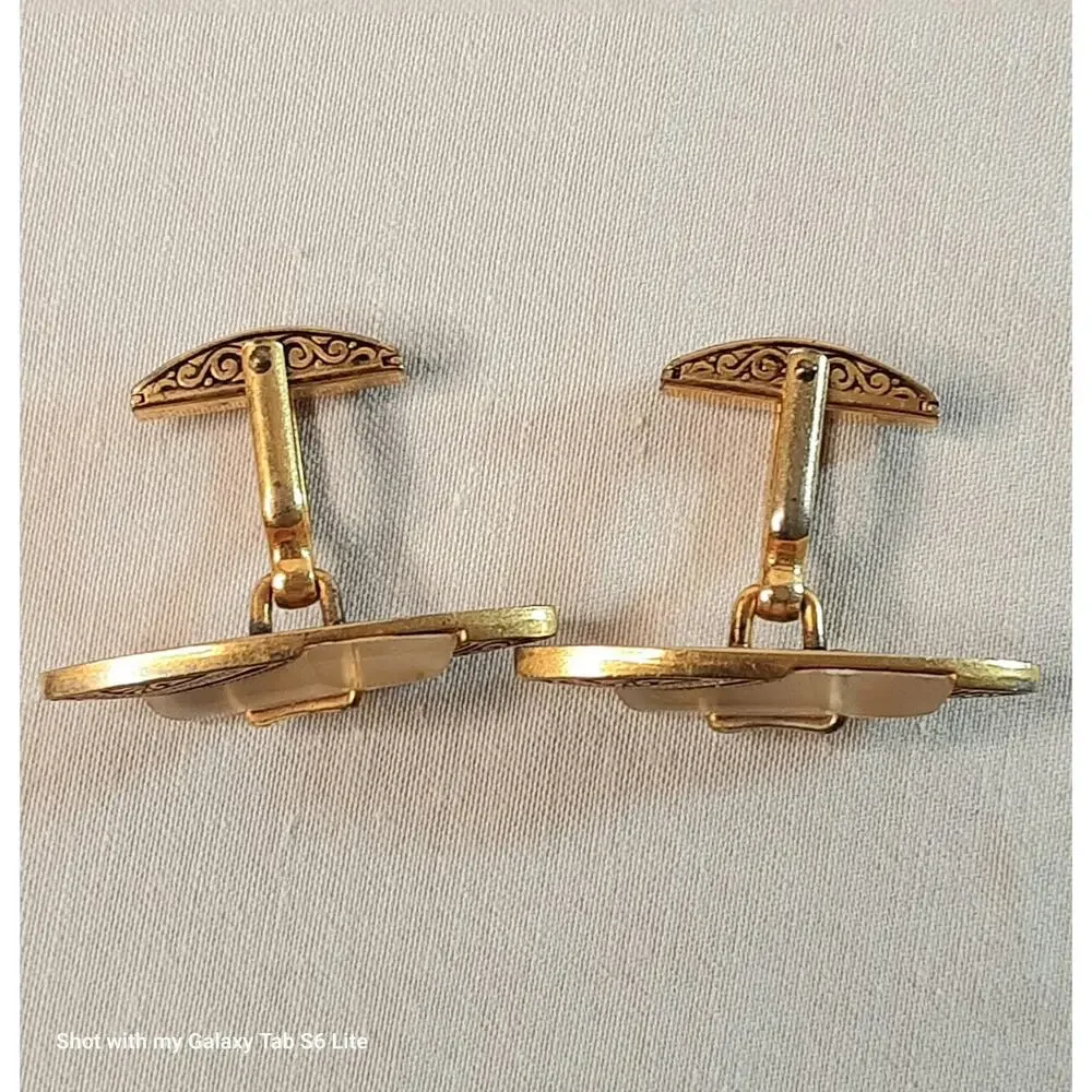 💎Ornate Cuff Links Damascene Design Smokey White Lucite Accent Decorated Posts